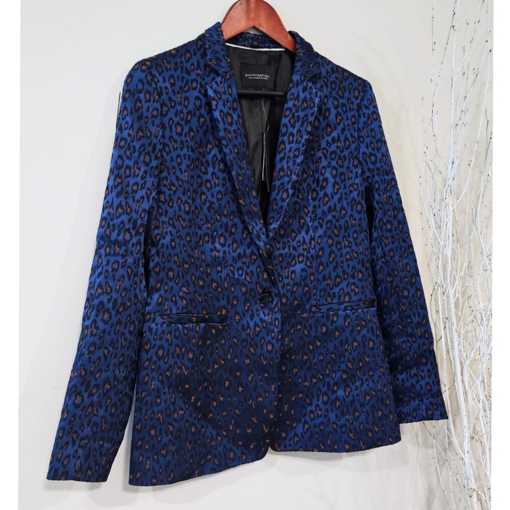 Banana Republic Blue Leopard Print Boyfriend Fit Single Button Blazer Jacket